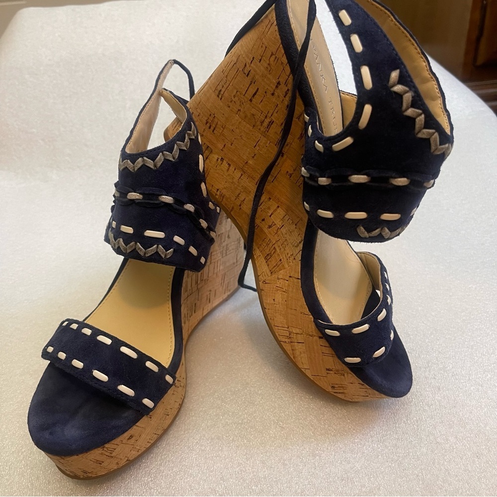 Ivanka Trump Blue and White Wedge Sandals with Nautical Design.